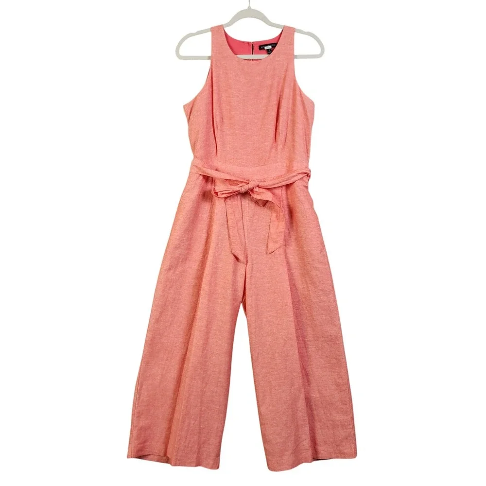 Banana Republic Womens Linen Cotton Cropped Jumpsuit Size 4 Coral‎ Orange Belted